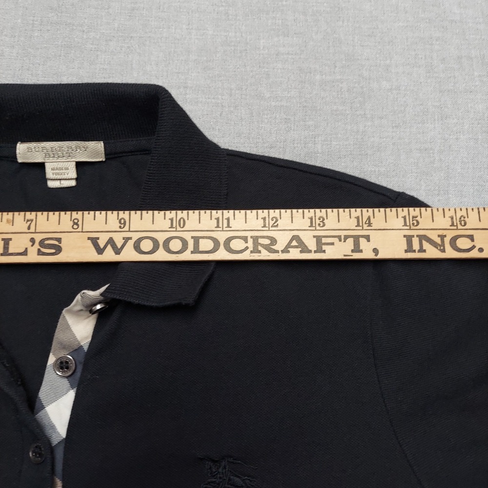 Burberry Brit Women L Black Pique Polo Shirt Nova Check Placket Equestrian Logo - Picture 11 of 14